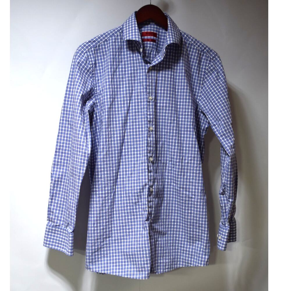 Hugo Boss Slim Fit Dress Shirt 15.5 Blue White Check Button Down 100% Cotton